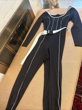 💜#70 NewFashion to Figure Black Long-Sleeve Jumpsuit with White Piping and Belt